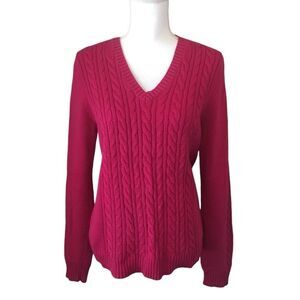 VTG IZOD‎ Women’s V-neck Cable Knit Pullover Sweater in Deep Fuchsia, Medium